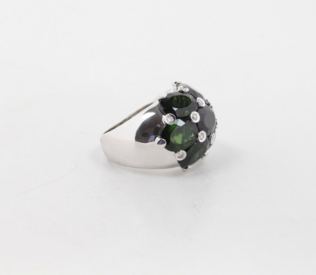 Vintage 18K White Gold  Green Tourmaline & Diamonds Dome Ring