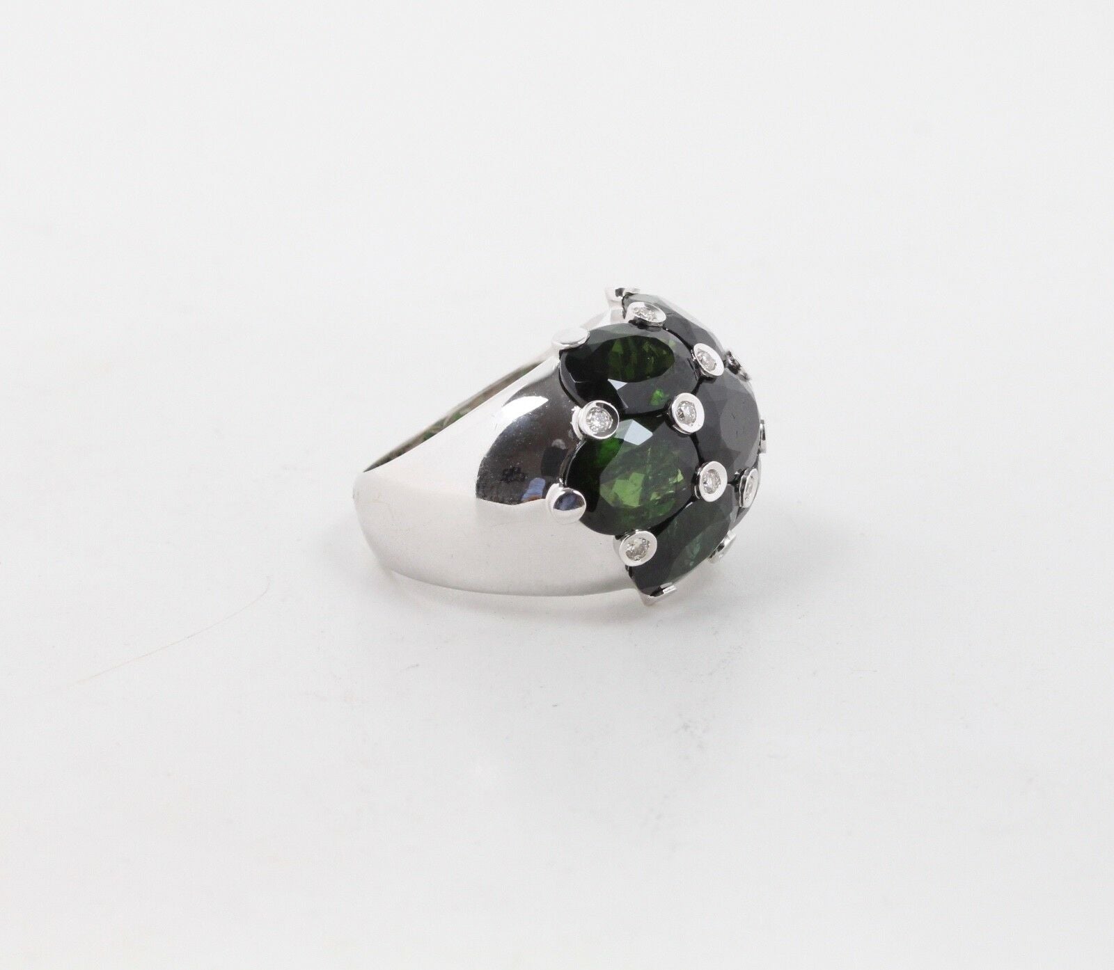 Vintage 18K White Gold  Green Tourmaline & Diamonds Dome Ring