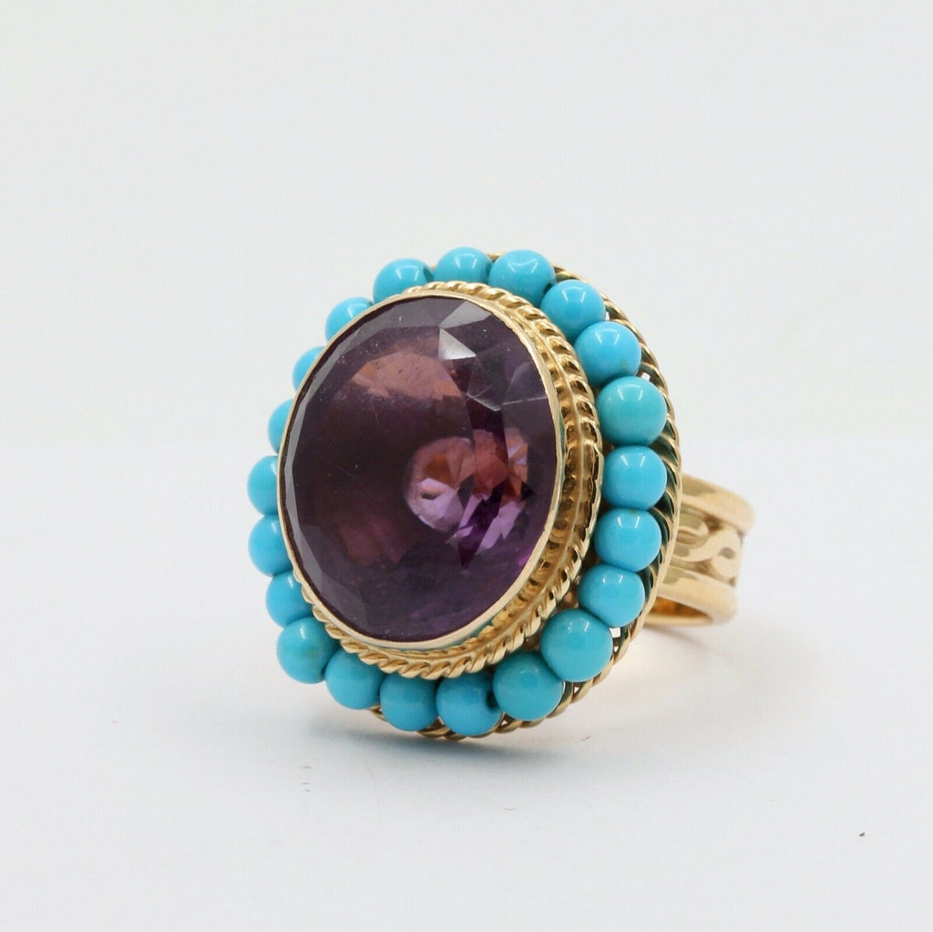 Vintage 18K Huge Amethyst Turquoise Statement Ring
