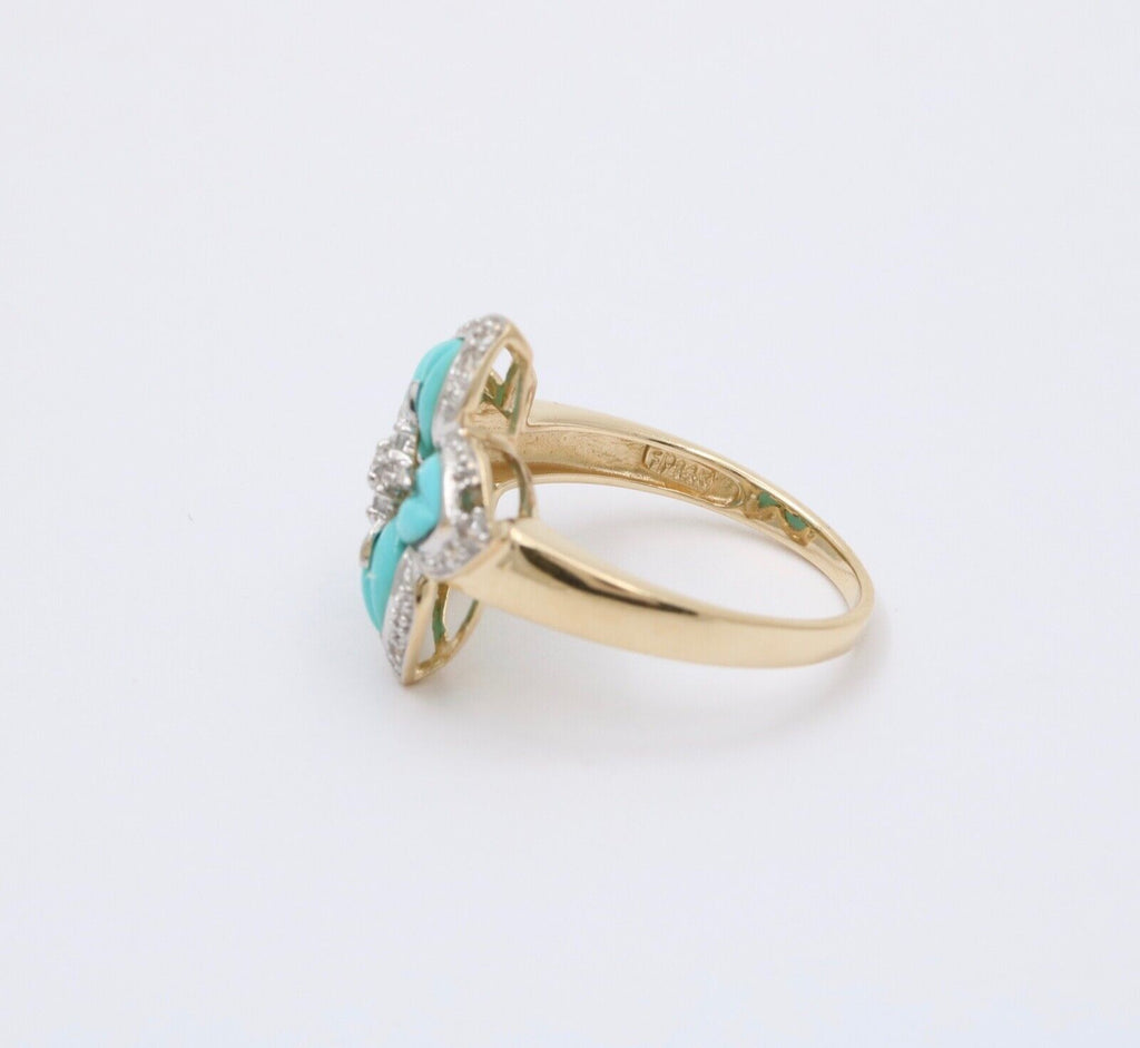 Vintage 18K Yellow Gold Turquoise & Diamond Flower RIng , Cocktail Ring