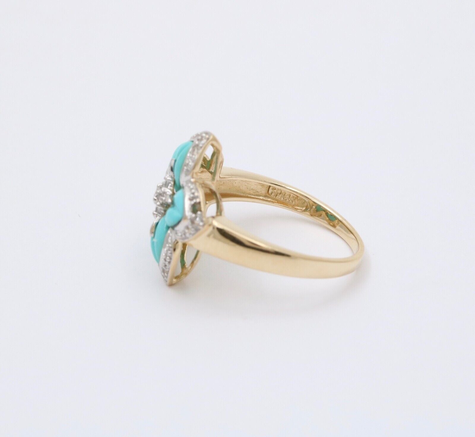Vintage 18K Yellow Gold Turquoise & Diamond Flower RIng , Cocktail Ring
