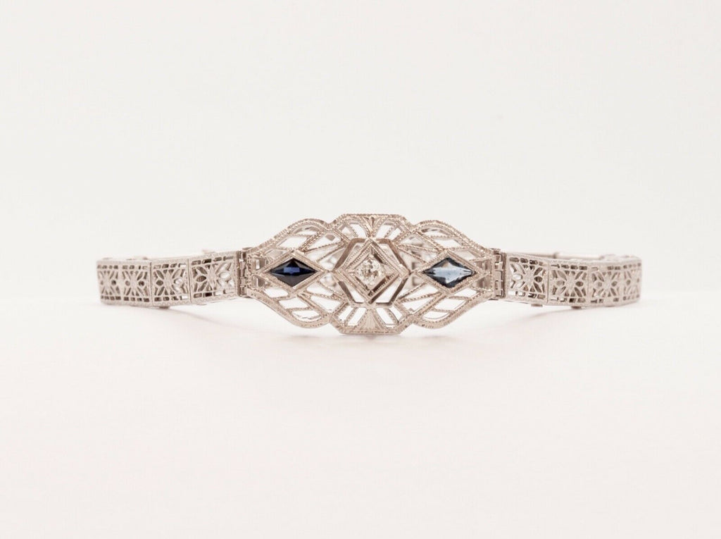Art Deco Diamond Blue Sapphire 14K White Gold Filagree Bracelet
