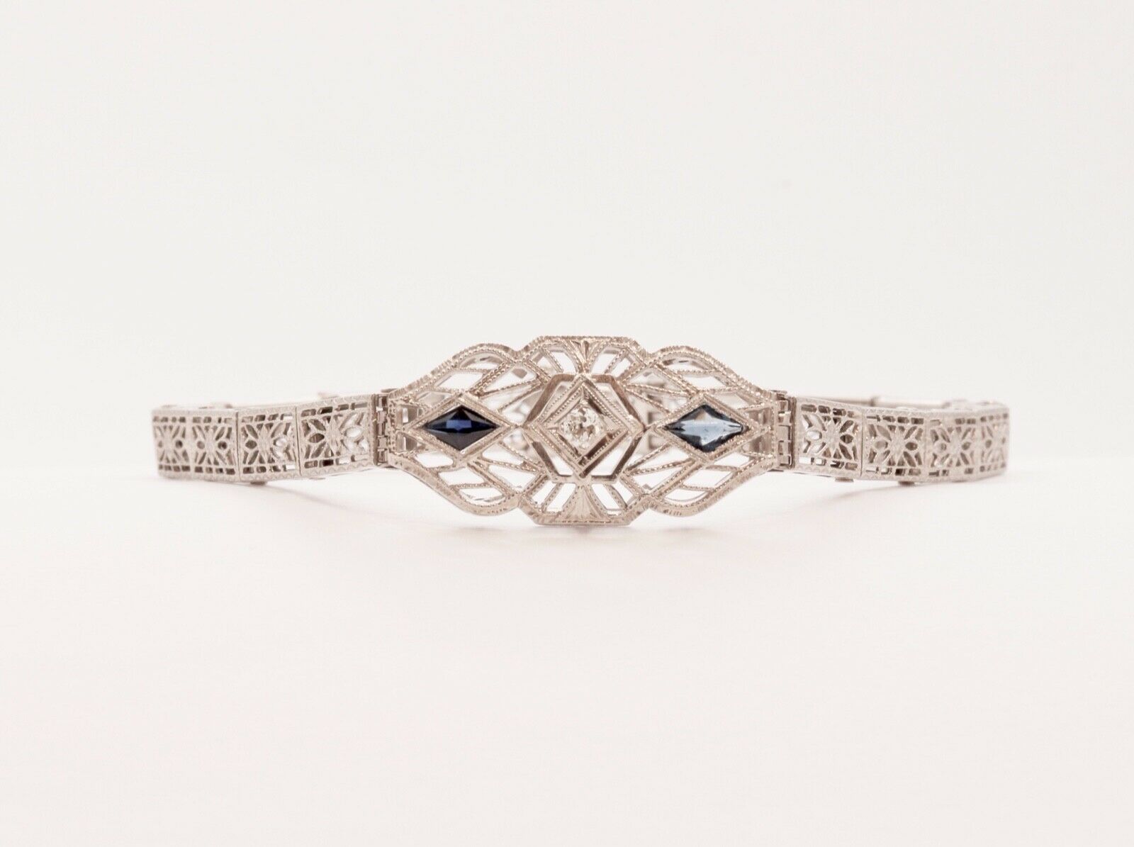 Art Deco Diamond Blue Sapphire 14K White Gold Filagree Bracelet