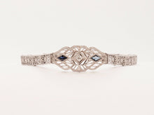 Load image into Gallery viewer, Art Deco Diamond Blue Sapphire 14K White Gold Filagree Bracelet
