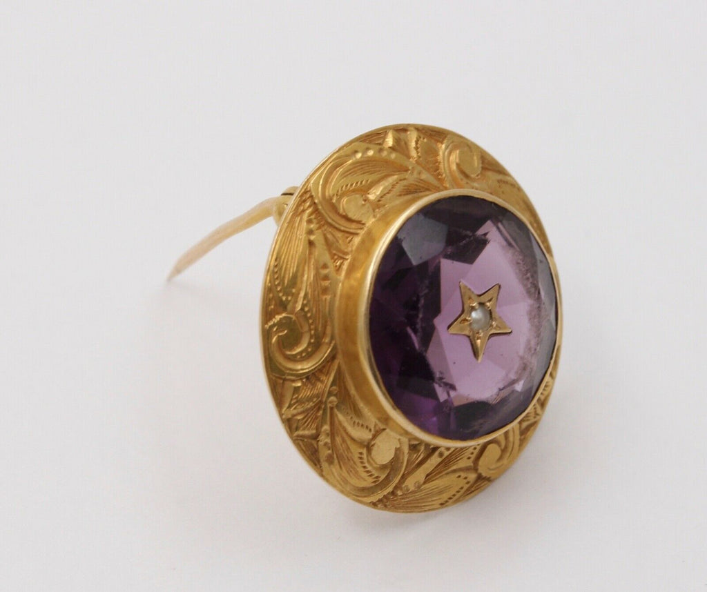 Victorian 14K Yellow Gold Amethyst & Seed Pearl Brooch Pin