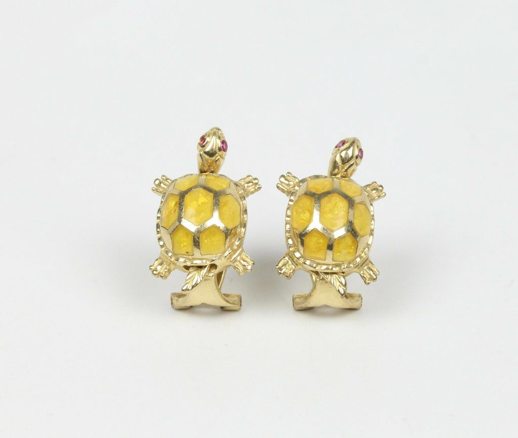 Vintage Turtle 14K Yellow Gold Rubies Enamel Ladies Earrings
