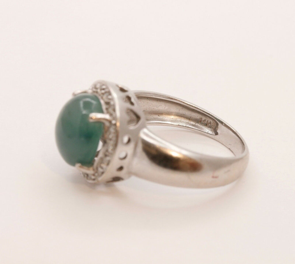 Vintage Watery Transcluscent Jade Diamonds Halo 14K White Gold Ring