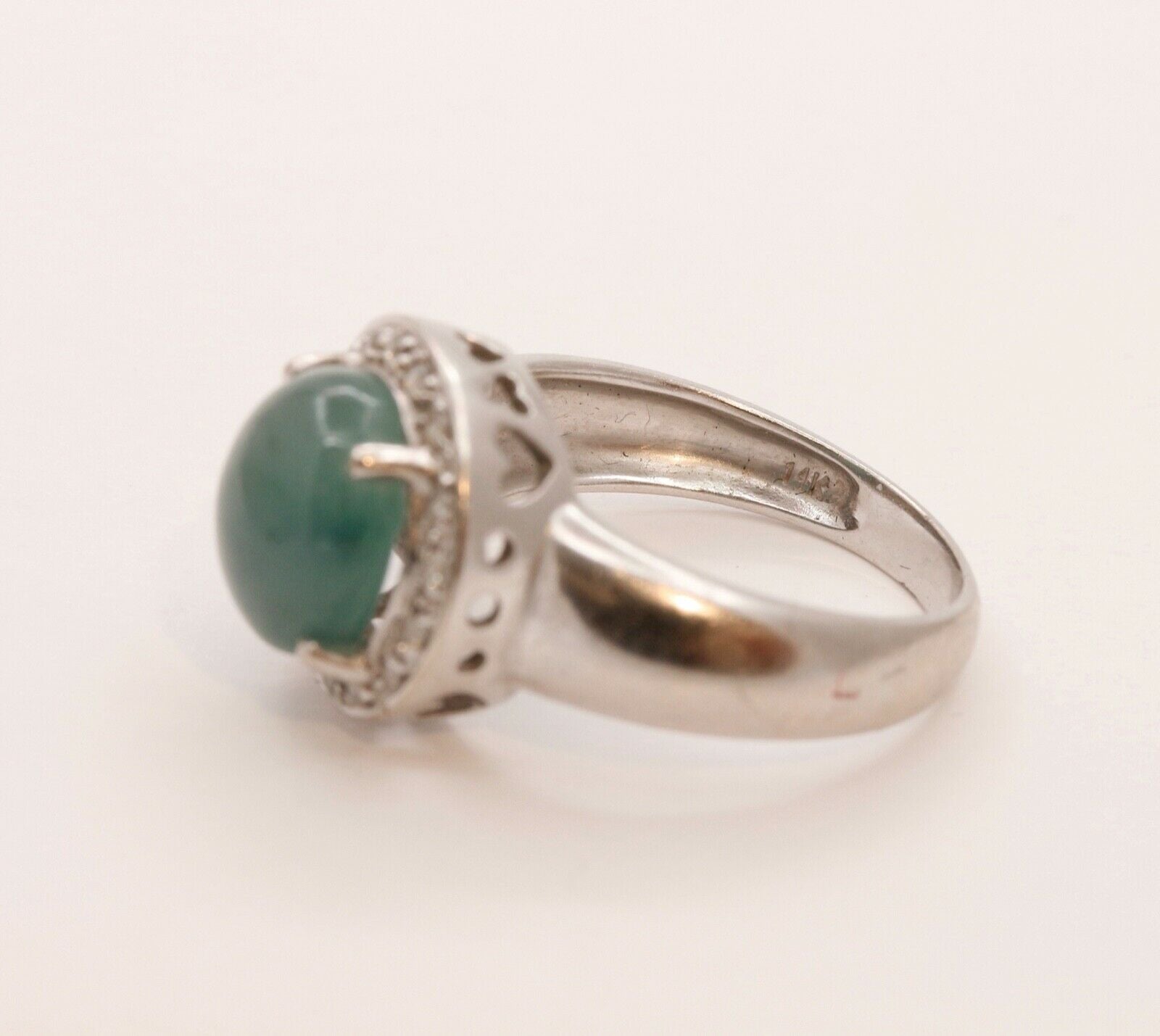 Vintage Watery Transcluscent Jade Diamonds Halo 14K White Gold Ring