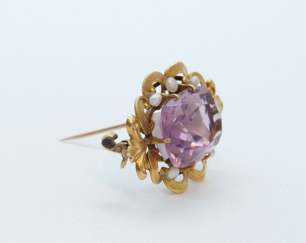 Art Nouveau Amethyst Seed Pearls 10K Yellow Gold Brooch Pin