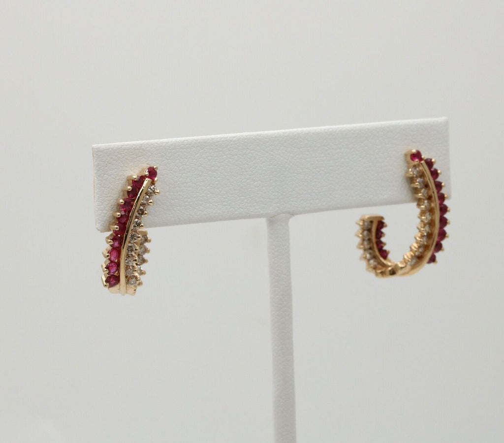 Vintage Retro 14K Gold Ruby and Diamond Huggie Earrings