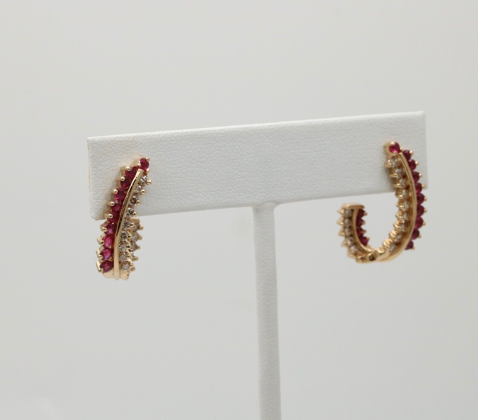 Vintage Retro 14K Gold Ruby and Diamond Huggie Earrings
