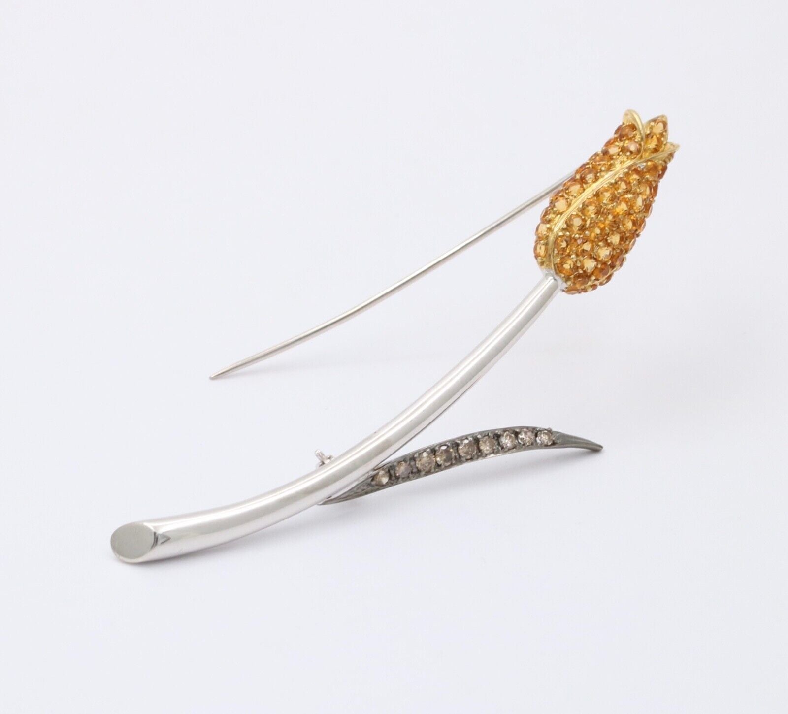 Vintage Elegant Tulip Yellow Sapphire & Champagne Diamond 18K White Gold Brooch