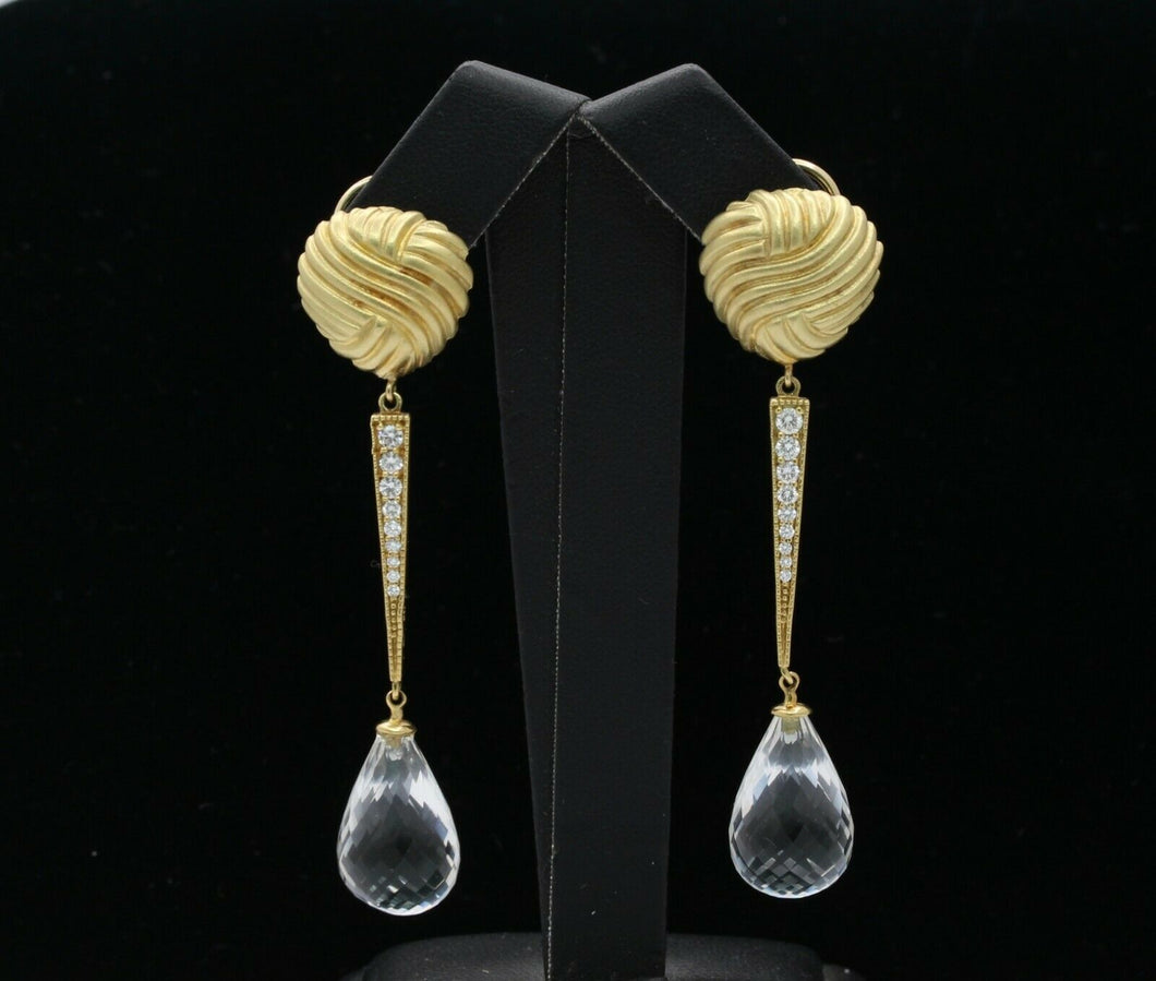 Vintage 18K Yellow Gold Diamond Rock Crystal Tear Drop Clip Earrings