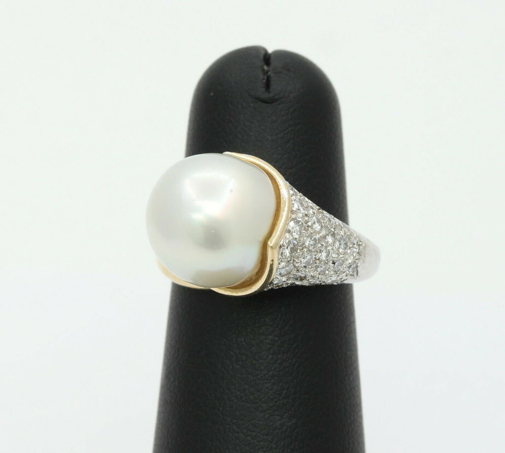 Vintage Platinum 18K Yellow Gold Diamond Pearl Cocktail Ring