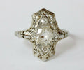 Stunning Art Deco 18K White Gold Filigree Three Diamonds Shield Ring