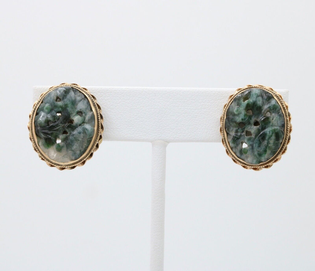 Vintage Carved Jade Flowers 14K Yellow Gold Earrings