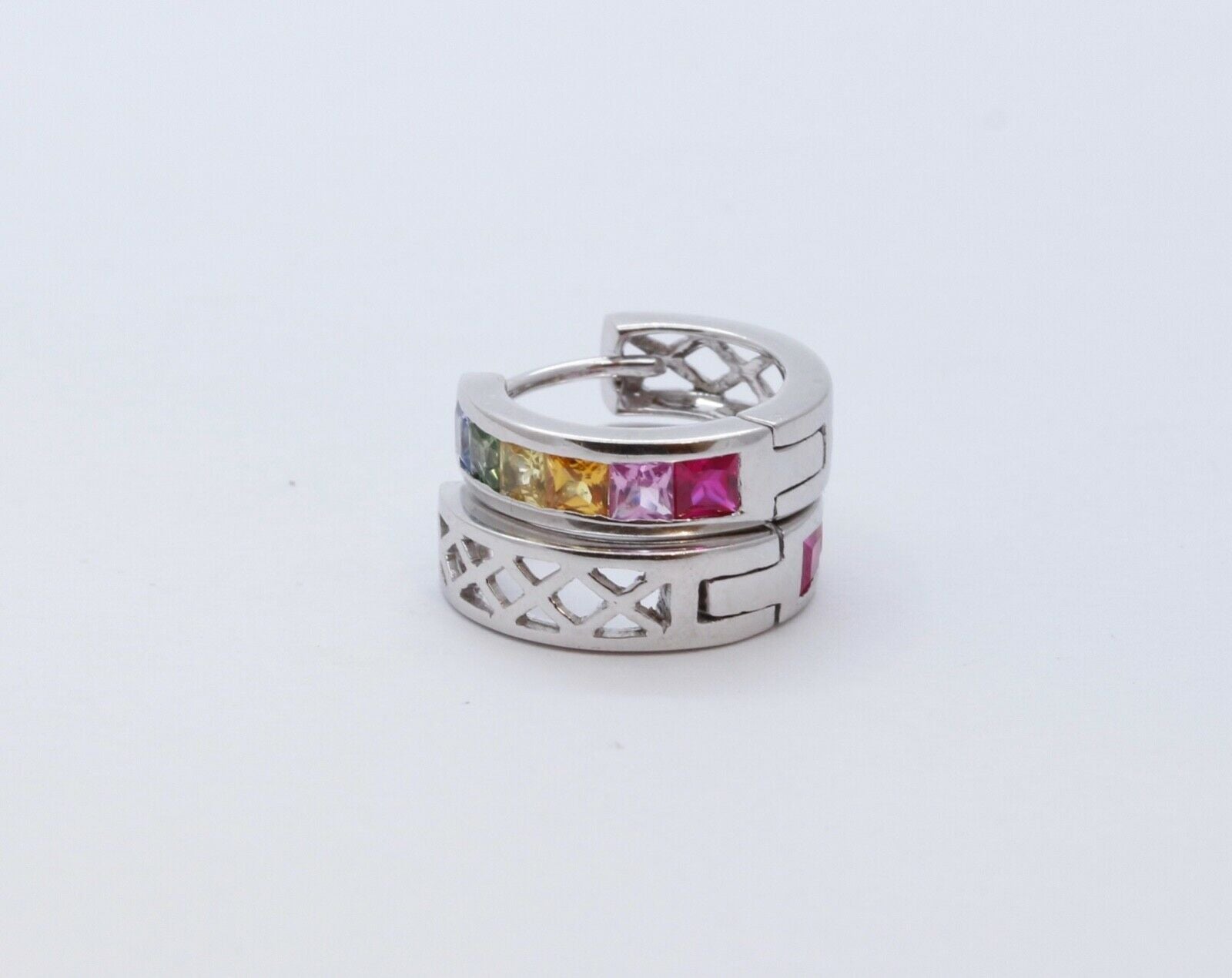 Cool Vintage Multi Colored Sapphires 14K White Gold Huggie Earrings