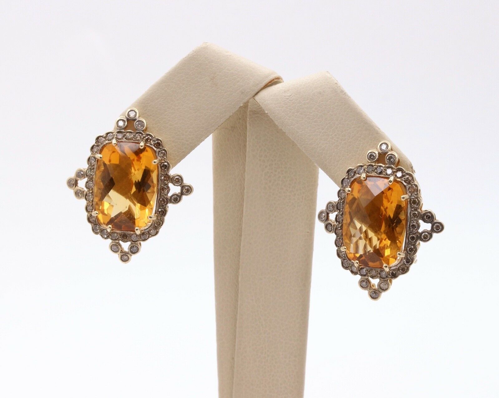 Vintage Victorian Revival Citrine Diamonds 14K Yellow White Gold Earrings