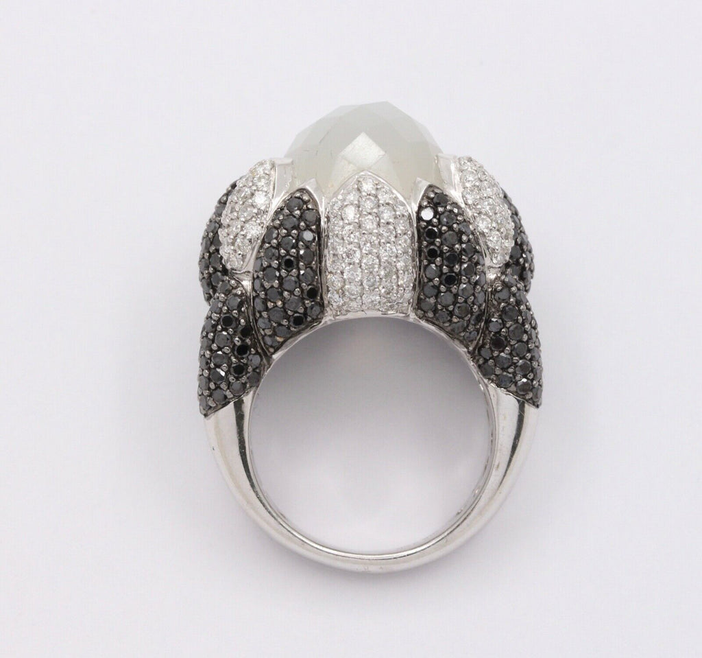 Vintage Milky Quartz White Black Diamonds 18K White Gold Cluster Ring