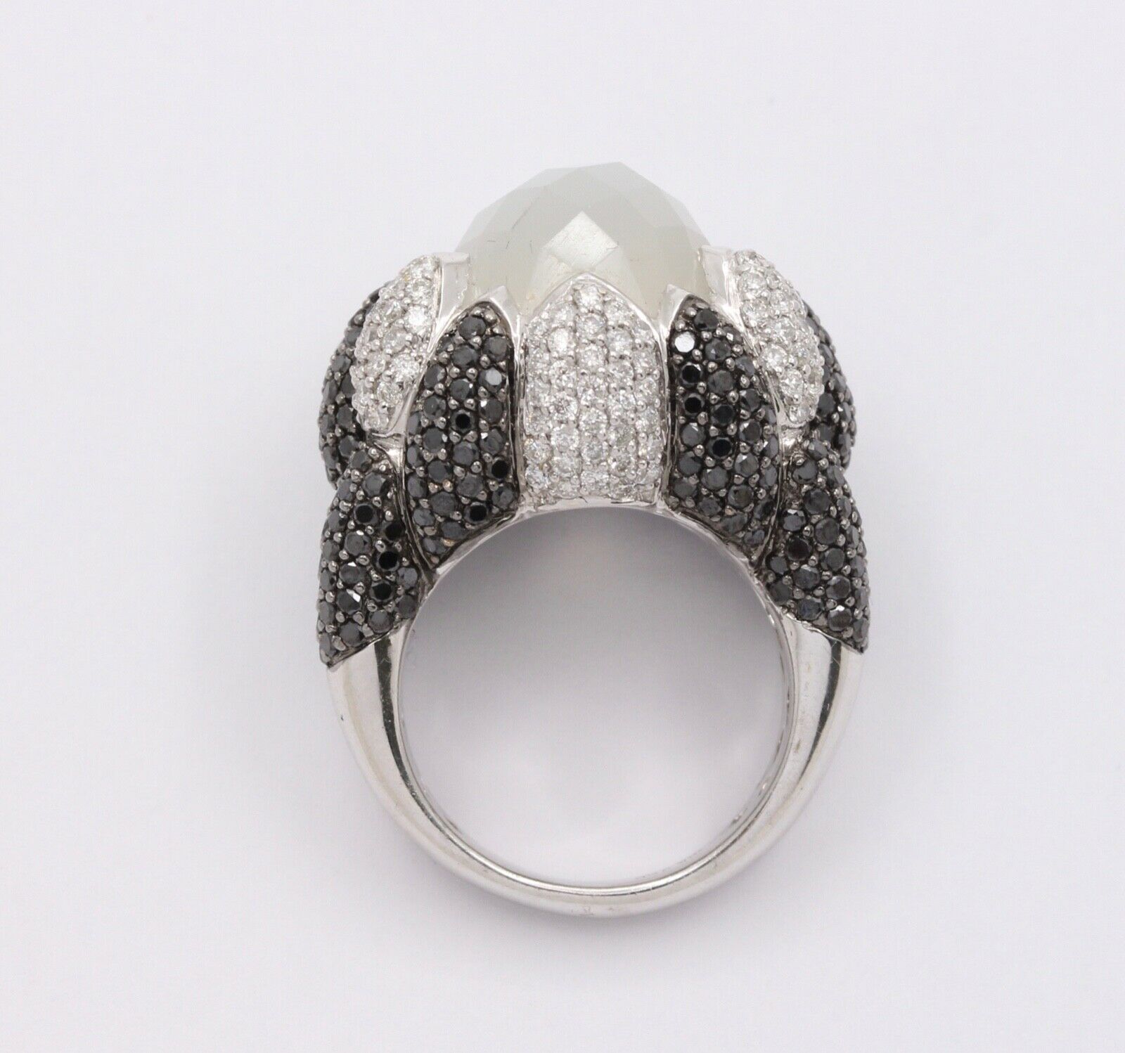 Vintage Milky Quartz White Black Diamonds 18K White Gold Cluster Ring