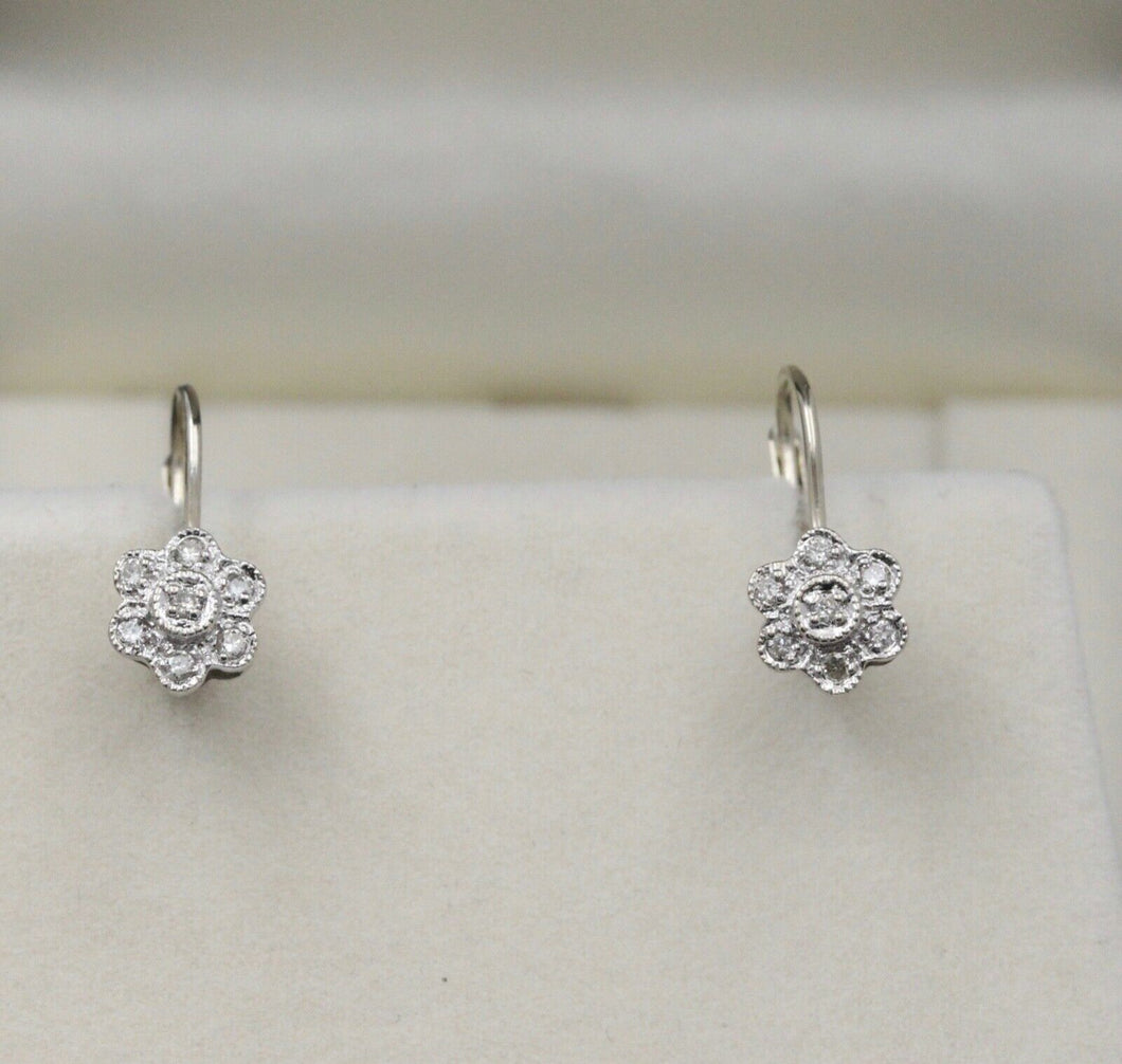 Sweet 14K White Gold Floral Round Cut Diamond Earrings