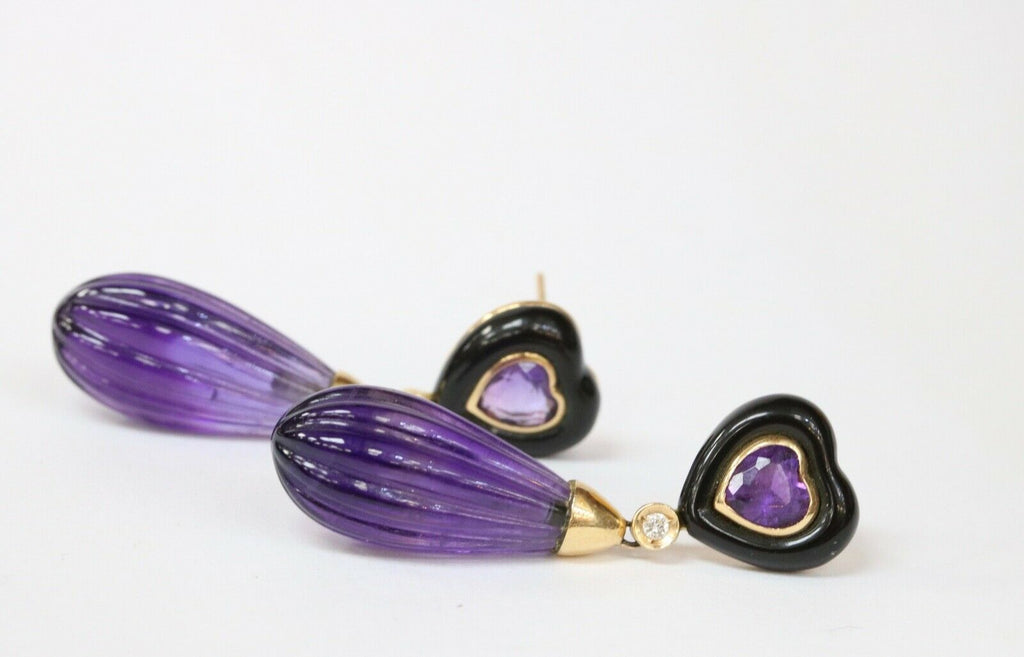 Vintage Bvlgari Style Amethyst Black Onyx Diamonds 14K Yellow Gold Earrings