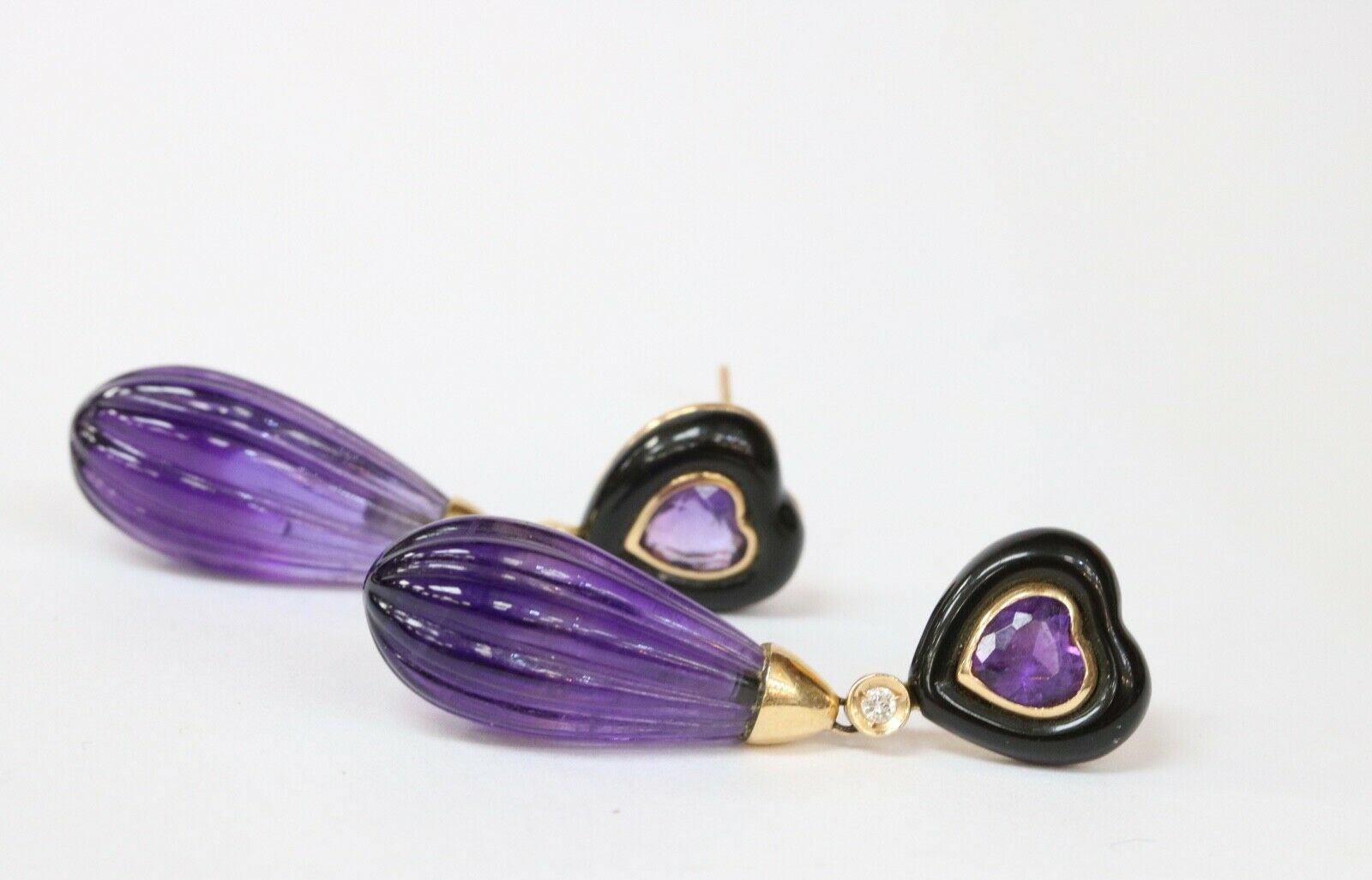 Vintage Bvlgari Style Amethyst Black Onyx Diamonds 14K Yellow Gold Earrings