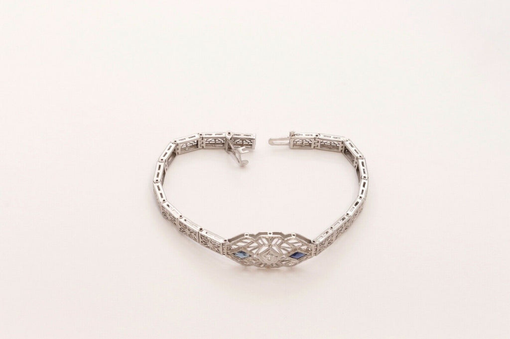 Art Deco Diamond Blue Sapphire 14K White Gold Filagree Bracelet