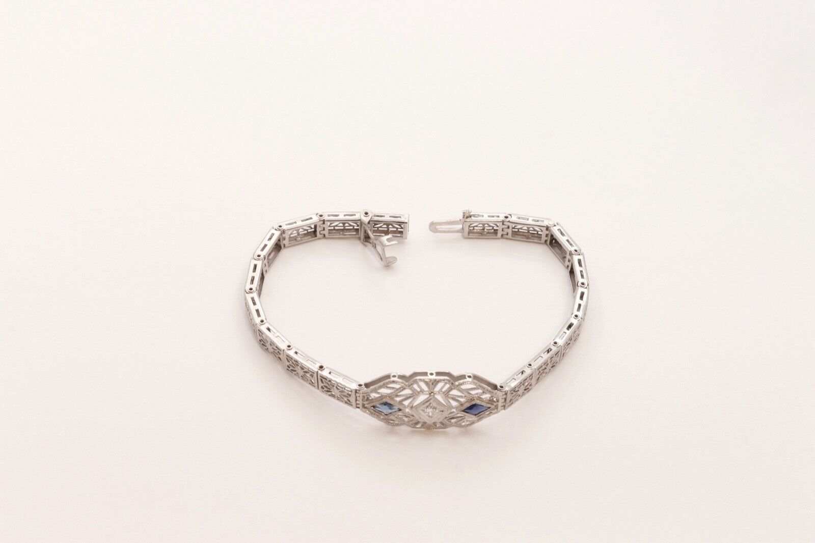 Art Deco Diamond Blue Sapphire 14K White Gold Filagree Bracelet
