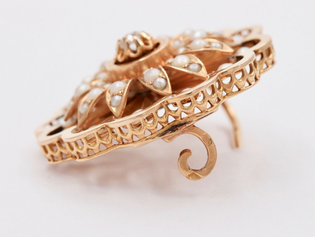 Victorian Starburst Diamond Seed Pearls 14K Yellow Gold Brooch Pin
