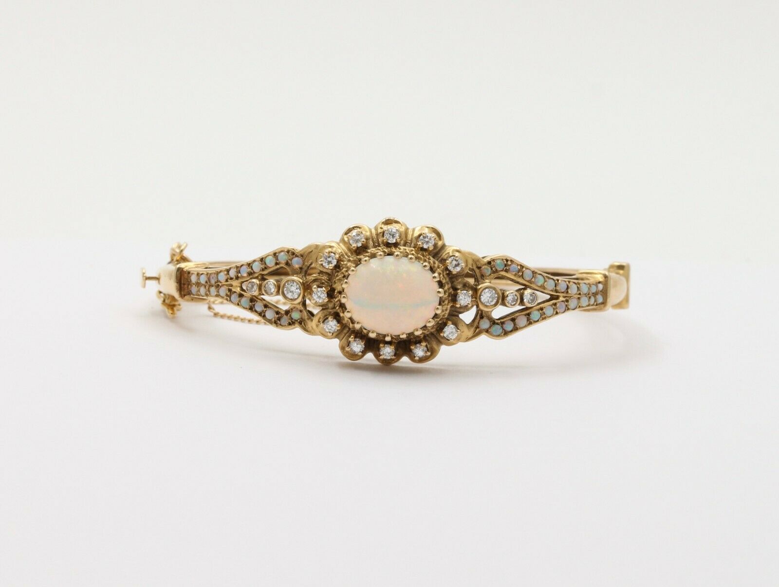Vintage 14K Yellow Gold Victorian Style Opal and Diamond Bangle, Bracelet.