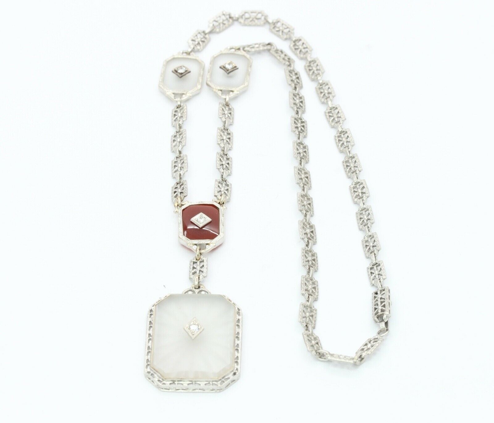 Art Deco Platinum 14K White Gold Crystal Diamonds Necklace Pendant
