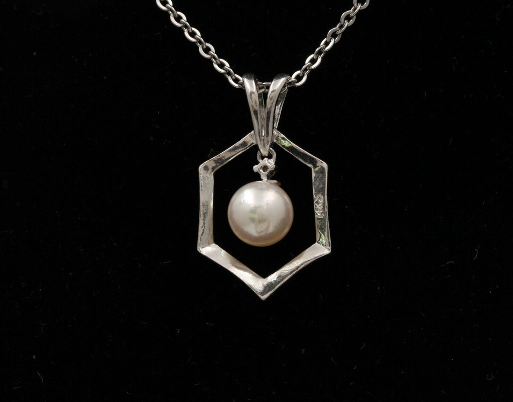 Estate 14K White Gold 6.5 mm Pearl Pendant, Bridal Jewelry.