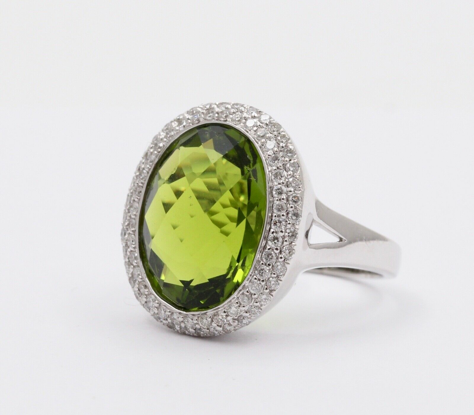 Vintage Peridot Diamonds 14K White Gold Cocktail Ring