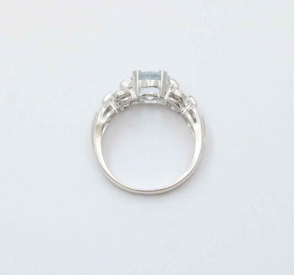 Vintage 14K White Gold Aquamarine Diamond Ring Band, Engagement Ring.