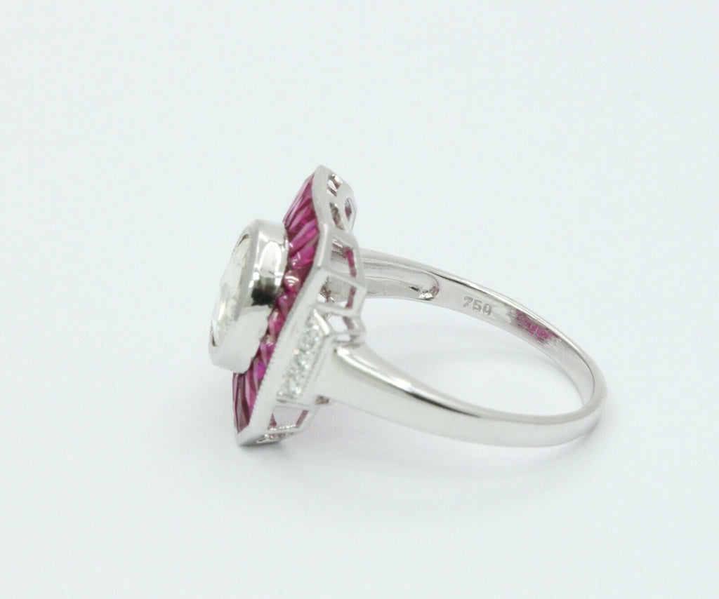 Beautiful Art Deco Style 18K White Gold Diamond Rubies Engagement Ring