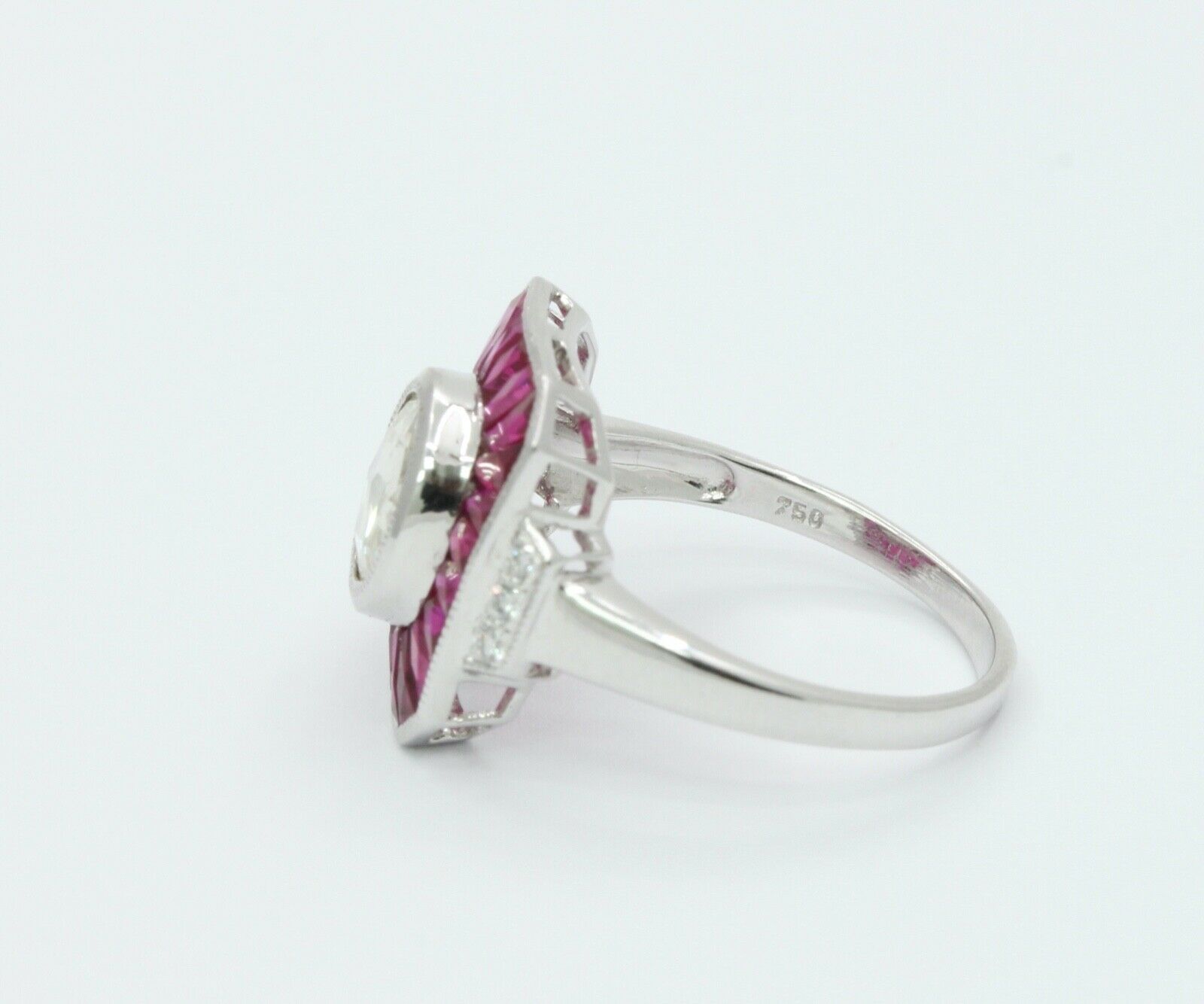 Beautiful Art Deco Style 18K White Gold Diamond Rubies Engagement Ring