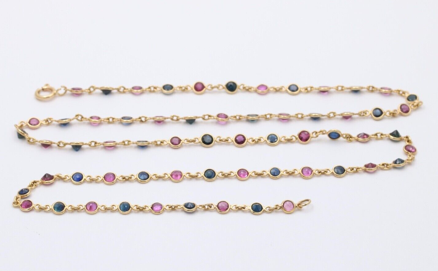 Vintage 14K Yellow Gold Ruby And Sapphire By The Yard Necklace. Station Necklace