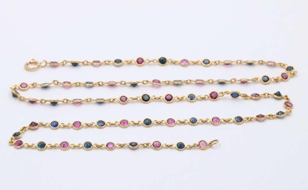 Vintage 14K Yellow Gold Ruby And Sapphire By The Yard Necklace. Station Necklace