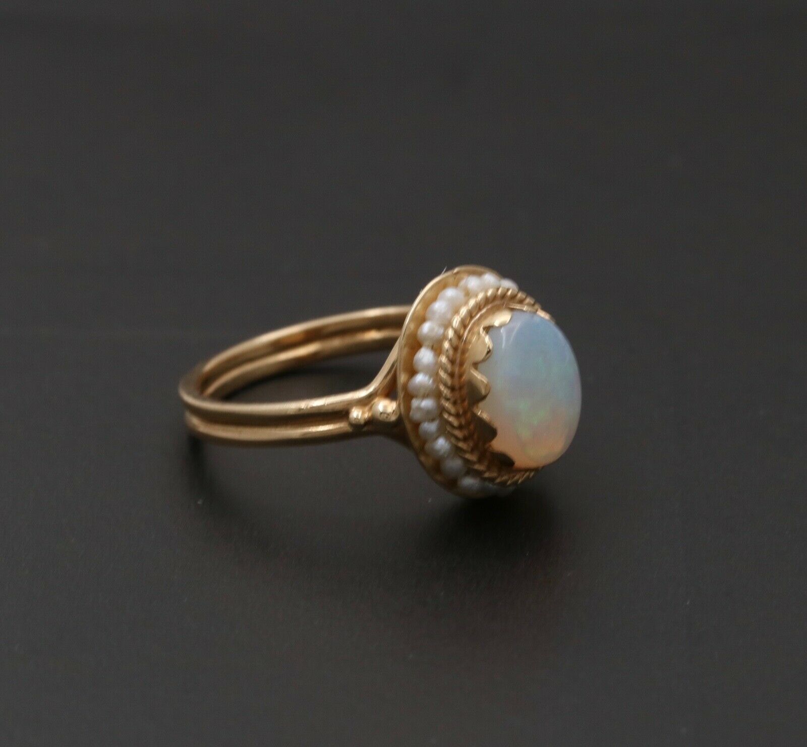 Vintage 14K Yellow Gold Opal Pearl Halo Ring, Statement Ring.