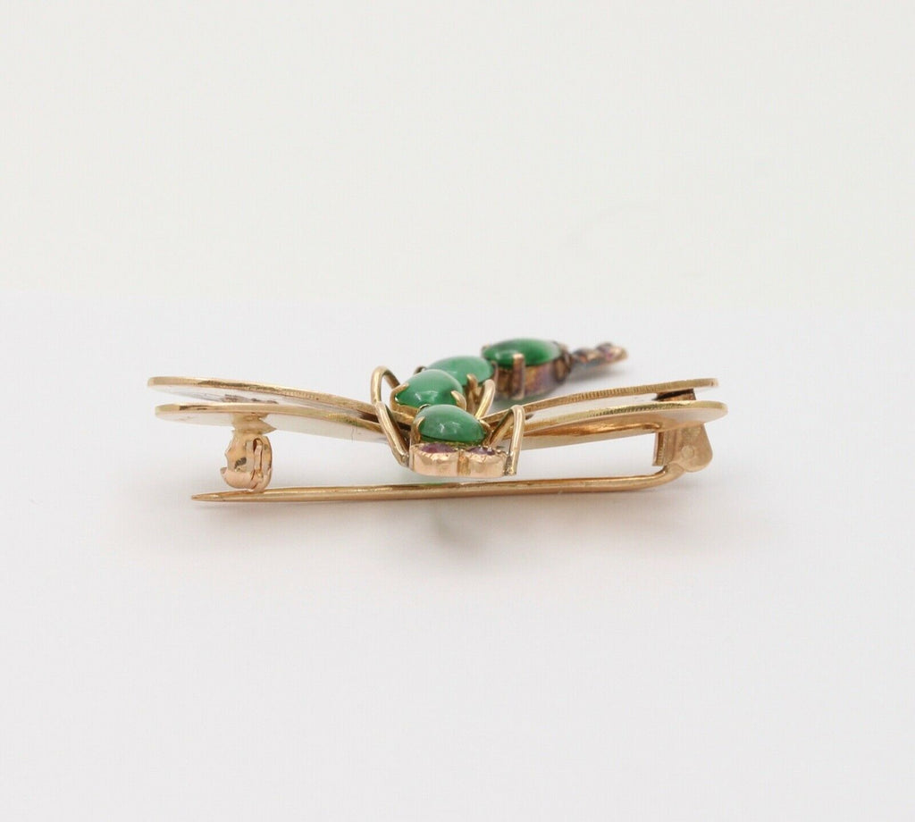 Vintage Dragonfly Jade Tourmalines 14K Yellow Gold Brooch Pin