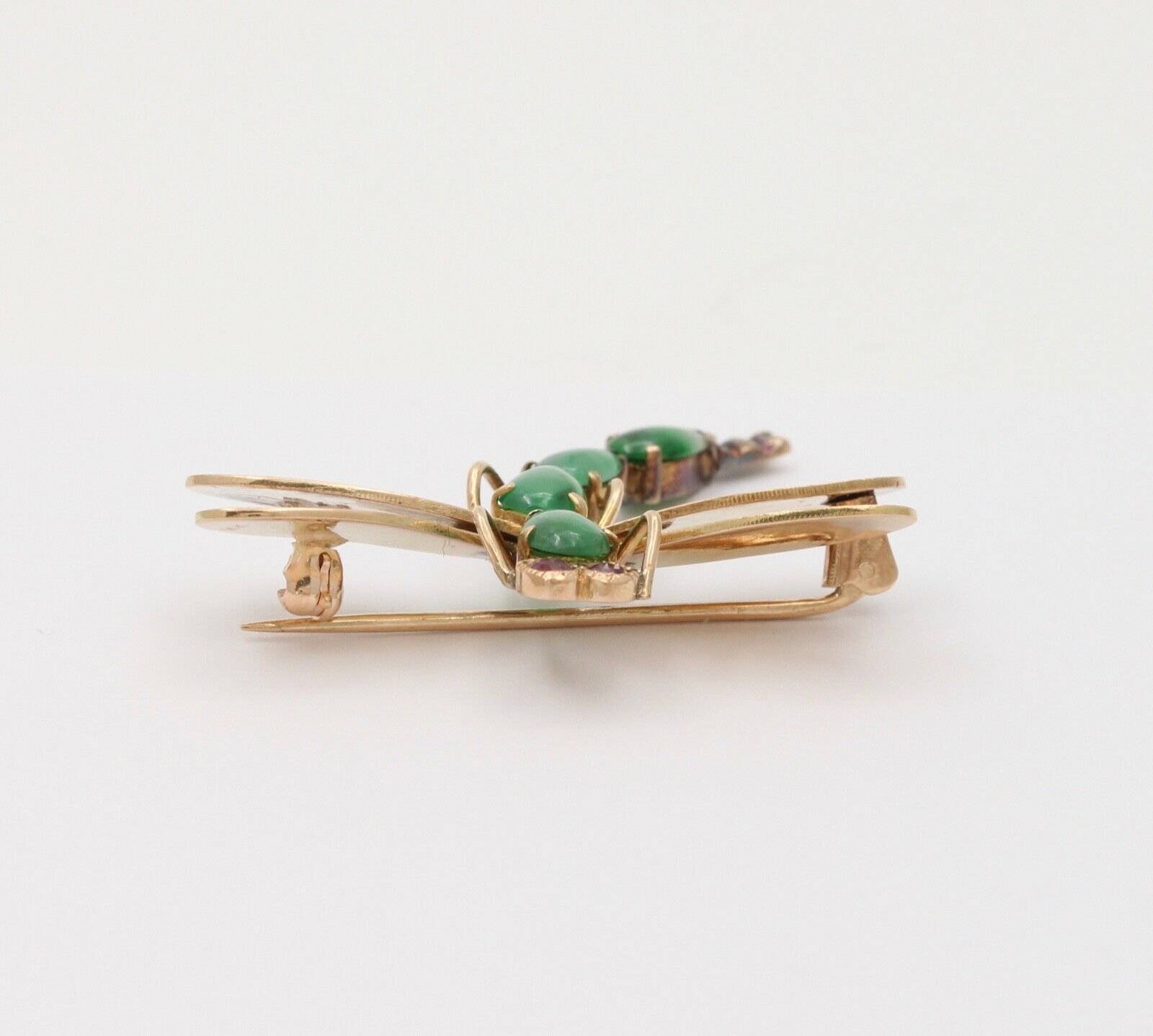 Vintage Dragonfly Jade Tourmalines 14K Yellow Gold Brooch Pin