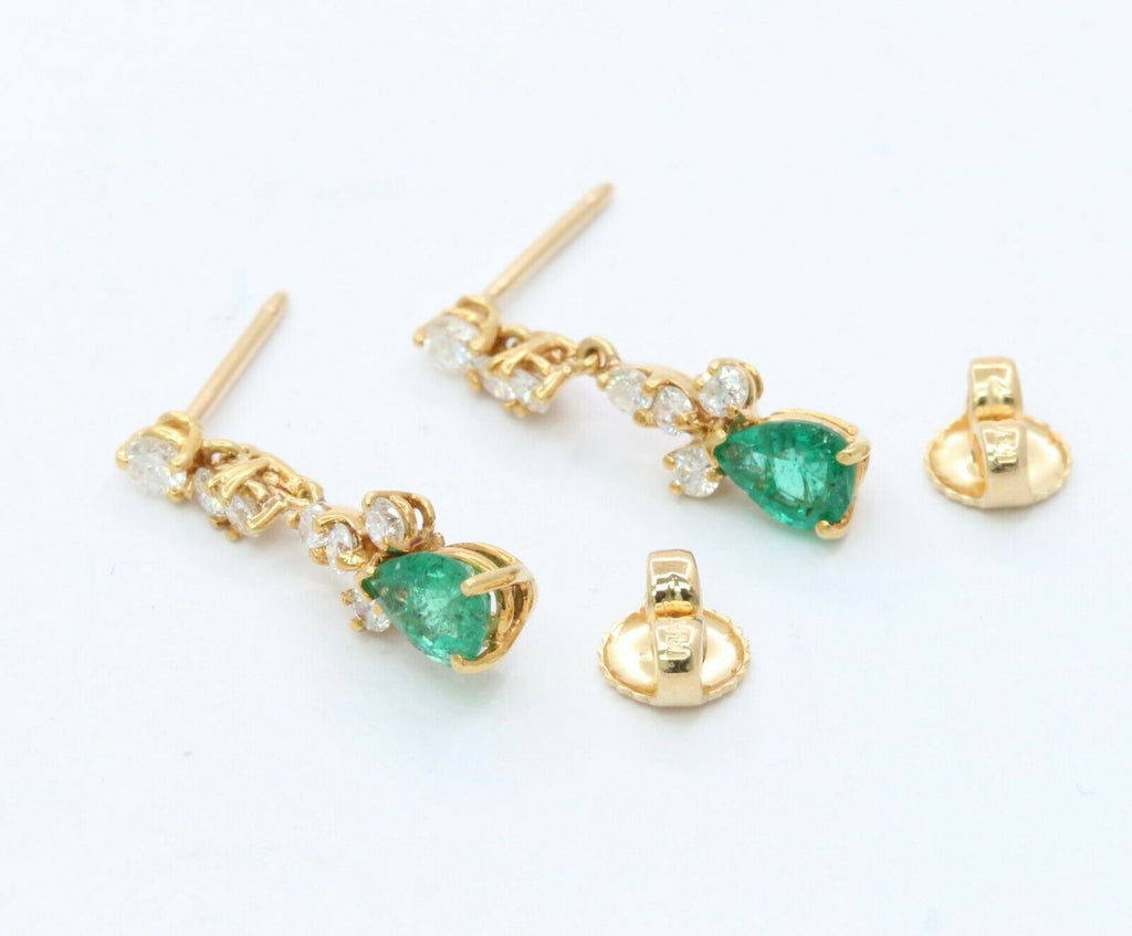 Vintage 14K Yellow Gold Emerald Diamond Drop Earrings