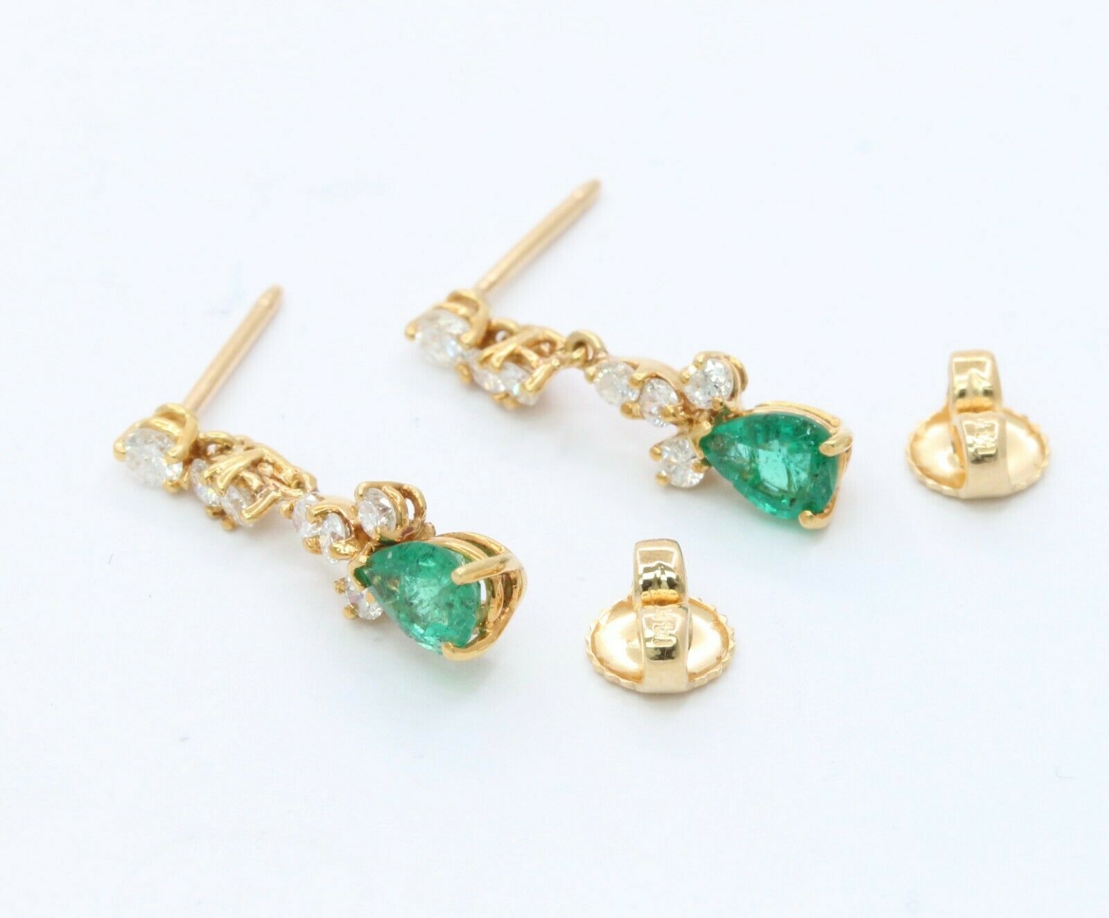 Vintage 14K Yellow Gold Emerald Diamond Drop Earrings