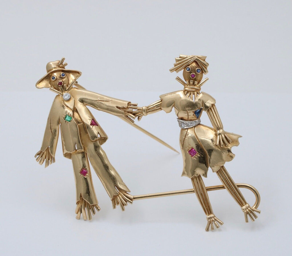 Vintage Raggedy Ann and Andy Diamonds Sapphires Emeralds 14K YG Brooch Pin