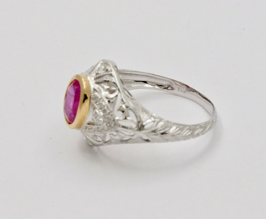 Vintage Burma Ruby Filigree Diamond 18K Gold Ring , Engagement Ring.