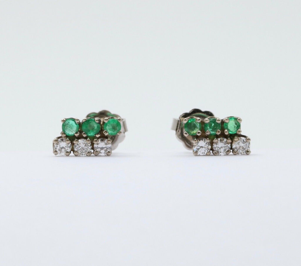 Vintage 14K White Gold Diamond & Emerald Cluster Studs Earrings, Push Back Earri