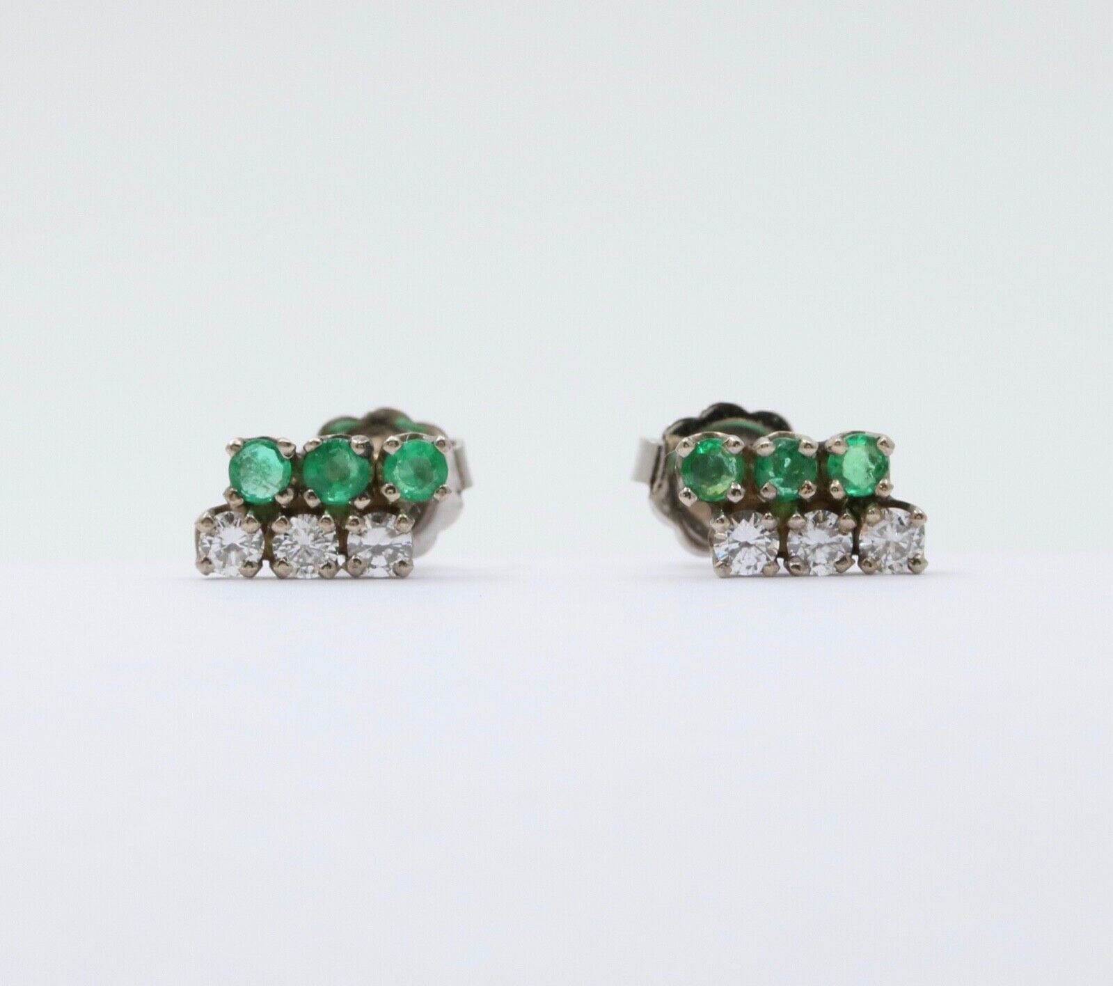 Vintage 14K White Gold Diamond & Emerald Cluster Studs Earrings, Push Back Earri