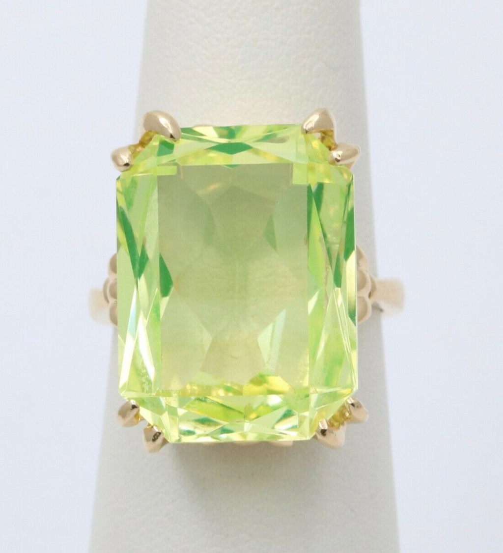 Vintage 14K Yellow Gold Uranium Glass Gem Rhinestones Ring, Vaseline Glass Ring