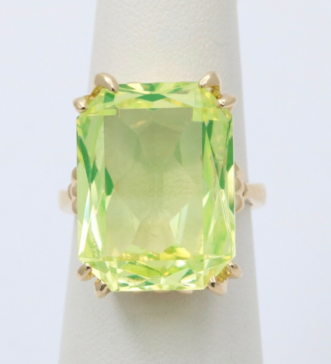 Vintage 14K Yellow Gold Uranium Glass Gem Rhinestones Ring, Vaseline Glass Ring